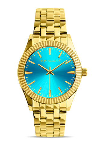 Reloj dorado para mujer con esfera de color turquesa.